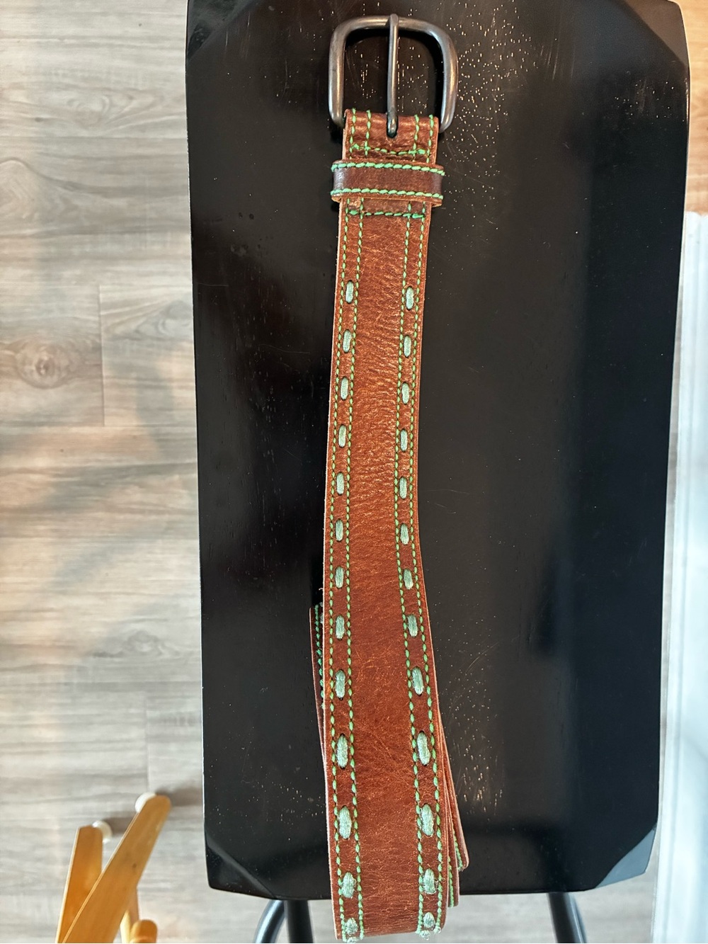 American Eagle Outfitters Brown Leather Belt with Mint Green Stitching